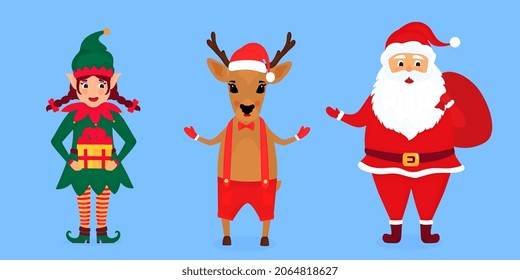 Christmas elf, Santa Claus and deer vector illustration