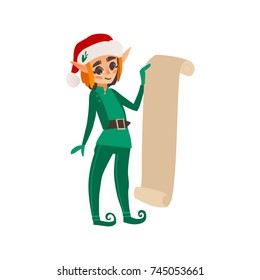 Christmas elf, Santa little helper in green clothes holding scroll with present list, flat cartoon vector illustration isolated on white background. Portrait of Christmas elf with Santa present list