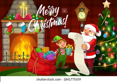 Christmas elf and Santa with Xmas gifts and wish list vector design of winter holidays. Claus and bag of presents near fireplace and pine tree, decorated with star, socks, candles, bell and ribbons