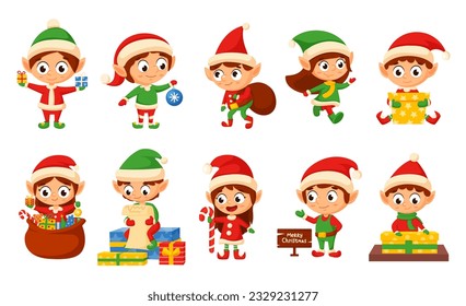 Christmas elf, santas helpers elves characters. Magic cute kids with gifts, xmas creatures for holiday workshop. New year nowaday vector clipart