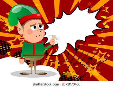 Christmas Elf saying no with his finger. Vector cartoon character illustration of Santa Claus's little worker, helper.