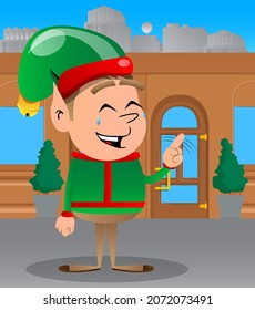 Christmas Elf saying no with his finger. Vector cartoon character illustration of Santa Claus's little worker, helper.