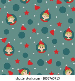 Christmas elf seamless background. Cute winter vector illustration. Perfect for Christmas decorations, wrapping paper, wallpaper, textiles, website, blog.
