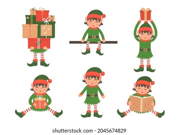 Christmas elf set. Cute elf, holding Christmas gifts and reading. 