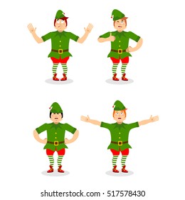 Christmas elf set. Various movements assistant of Santa Claus. Surprised and sleep little man in green suit. Aggressive and good character for new year
