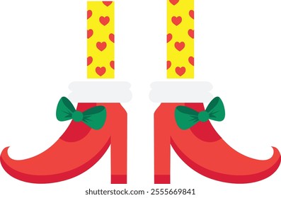 Christmas elf shoes with green ribbon and yellow socks with hearts representing festive footwear for holiday celebrations and costume parties, adding a touch of whimsy and cheer