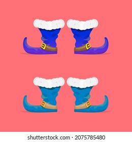christmas elf shoes isolated on pink background. vector blue cartoon boots set