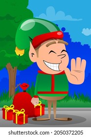 Christmas Elf showing deny or refuse hand gesture. Vector cartoon character illustration of Santa Claus's little worker, helper.
