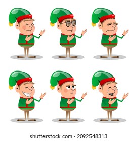 Christmas Elf showing something with both hands, powerful hand gesture. Vector cartoon character illustration of Santa Claus's little worker, helper.