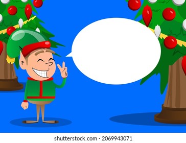 Christmas Elf showing the V sign, peace hand gesture. Vector cartoon character illustration of Santa Claus's little worker, helper.