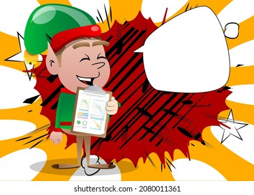 Christmas Elf shows finance report. Vector cartoon character illustration of Santa Claus's little worker, helper.