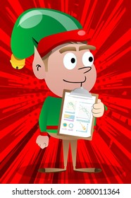 Christmas Elf shows finance report. Vector cartoon character illustration of Santa Claus's little worker, helper.