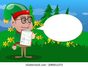 Christmas Elf shows finance report. Vector cartoon character illustration of Santa Claus's little worker, helper.