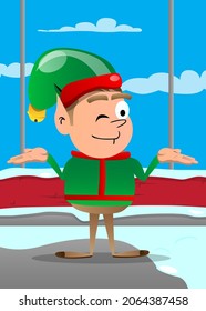 Christmas Elf shrugs shoulders expressing don't know gesture. Vector cartoon character illustration of Santa Claus's little worker, helper.