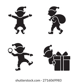 Juego de siluetas de elfos de Navidad con caja de regalo y bola de nieve, linda Ilustración vectorial de Colección de personajes de Festiva Helpers aislada en blanco.