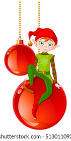 Christmas Elf sitting on Christmas ball