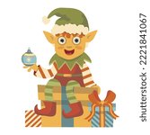 christmas elf sitting on big gift and holding christmas ball vector