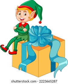 Christmas elf sitting on the gift box illustration