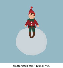 Christmas elf is sitting on a snowball. Vector illustration on a blue background