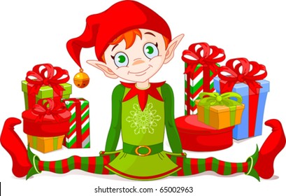 Christmas Elf sitting with  a pile of gifts