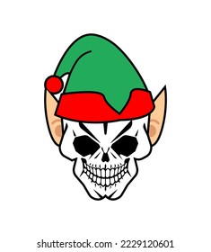 Christmas elf skull. Santa's helper skeleton head. Christmas and New Year scary illustration.