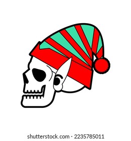 Christmas elf skull. Santa's helper skeleton head. Christmas and New Year scary illustration.