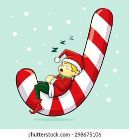 Christmas elf sleeping on huge candy cane, vector illustration