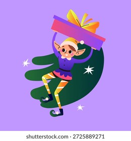 Elfo de Natal com ramo de abeto, presente e estrelas. Papai Noel ajudante. Elfo festivo isolado em fundo roxo. Ilustração vetorial.