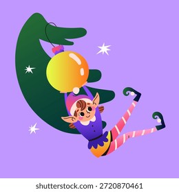 Christmas elf with spruce branch, tree decoration and stars. Santa Claus helper. Festive elf isolated on purple background. Vector illustration.