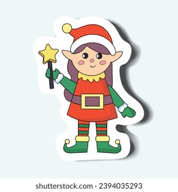 El elfo navideño del conjunto de stickers en el diseño de dibujos animados. Esta deliciosa pegatina del personaje del elfo de Navidad trae una ráfaga de color y alegría a todos los saludos festivos. Ilustración vectorial.