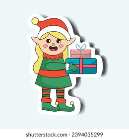 Christmas elf of the sticker set in cartoon design. Highlighting of the magic of Christmas with colorful sticker of a lovable elf character, sure to make projects memorable. Vector illustration.