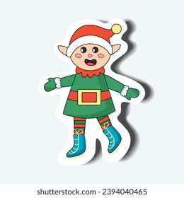 Christmas elf of the sticker set in cartoon design. Showcasing of the holiday cheer with the help of cute Christmas elf character sticker, designed in a whimsical style. Vector illustration.