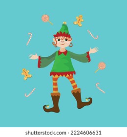 Christmas elf surrounded by candy vector illustration