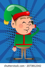 Christmas Elf talking on cell phone. Vector cartoon character illustration of Santa Claus's little worker, helper.