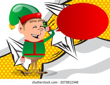 Christmas Elf talking on cell phone. Vector cartoon character illustration of Santa Claus's little worker, helper.