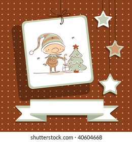 christmas elf and tree card, vector drawing illustration, labels for your text