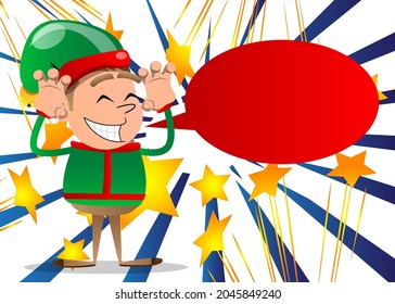 Christmas Elf is trying to scare you. Vector cartoon character illustration of Santa Claus's little worker, helper.