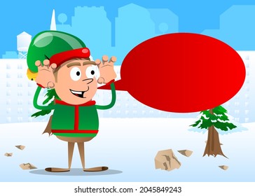 Christmas Elf is trying to scare you. Vector cartoon character illustration of Santa Claus's little worker, helper.