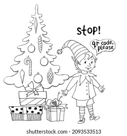 Christmas elf under decorated xmas tree requires QR code. Vector contour drawing on topic of covid-19, vaccination, lockdown. Matinee in kindergarten