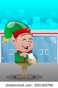 Christmas Elf using a mobile phone. Vector cartoon character illustration of Santa Claus's little worker, helper.