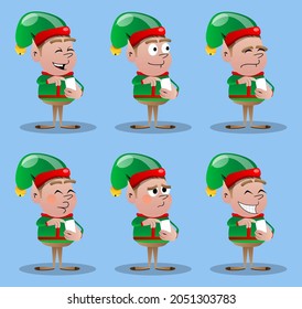 Christmas Elf using a mobile phone. Vector cartoon character illustration of Santa Claus's little worker, helper.