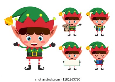 Christmas elf vector character set. Young boy elves cartoon charcaters holding christmas elements and objects isolated in white background. Vector illustration.
