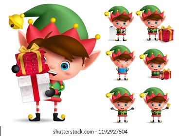 Christmas elf vector character set. Boy elves with green costume holding gifts and playing isolated in white background. Vector illustration.
