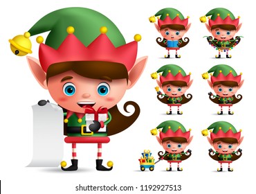 Christmas elf vector character set. Girl elves with green costume holding gifts and christmas elements while playing isolated in white background. Vector illustration.
