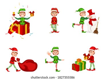 Christmas elf vector character set. Boy elves with green costume holding gifts and playing. Bundle of little Santa's helpers holding holiday gifts and decorations. Set of adorable cartoon characters.