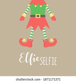 Christmas elf vector illustration. Cute xmas elf, santa helper, elfie selfie hand drawn graphic. Isolated greeting card on beige background.