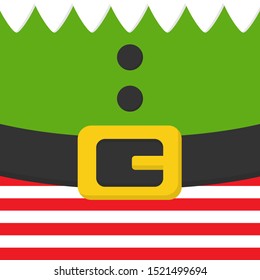 Christmas elf vector illustration. Festive elf body, clothes simple square icon. White collar, green shirt with buttons, red and white striped pants with black belt with yellow, gold buckle.