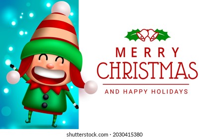 Christmas elf vector template design. Merry christmas greeting text in white empty space with elf kid character in friendly expression for xmas celebration card. Vector illustration.
