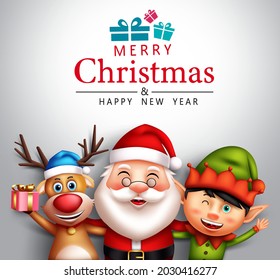 Christmas elf vector template design. Merry christmas greeting text in white empty space with cute and friendly elf kid character for xmas holiday celebration. Vector illustration.
