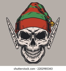 Christmas elf vintage colorful logotype face of scary New Year skull with big ears for theme party vector illustration